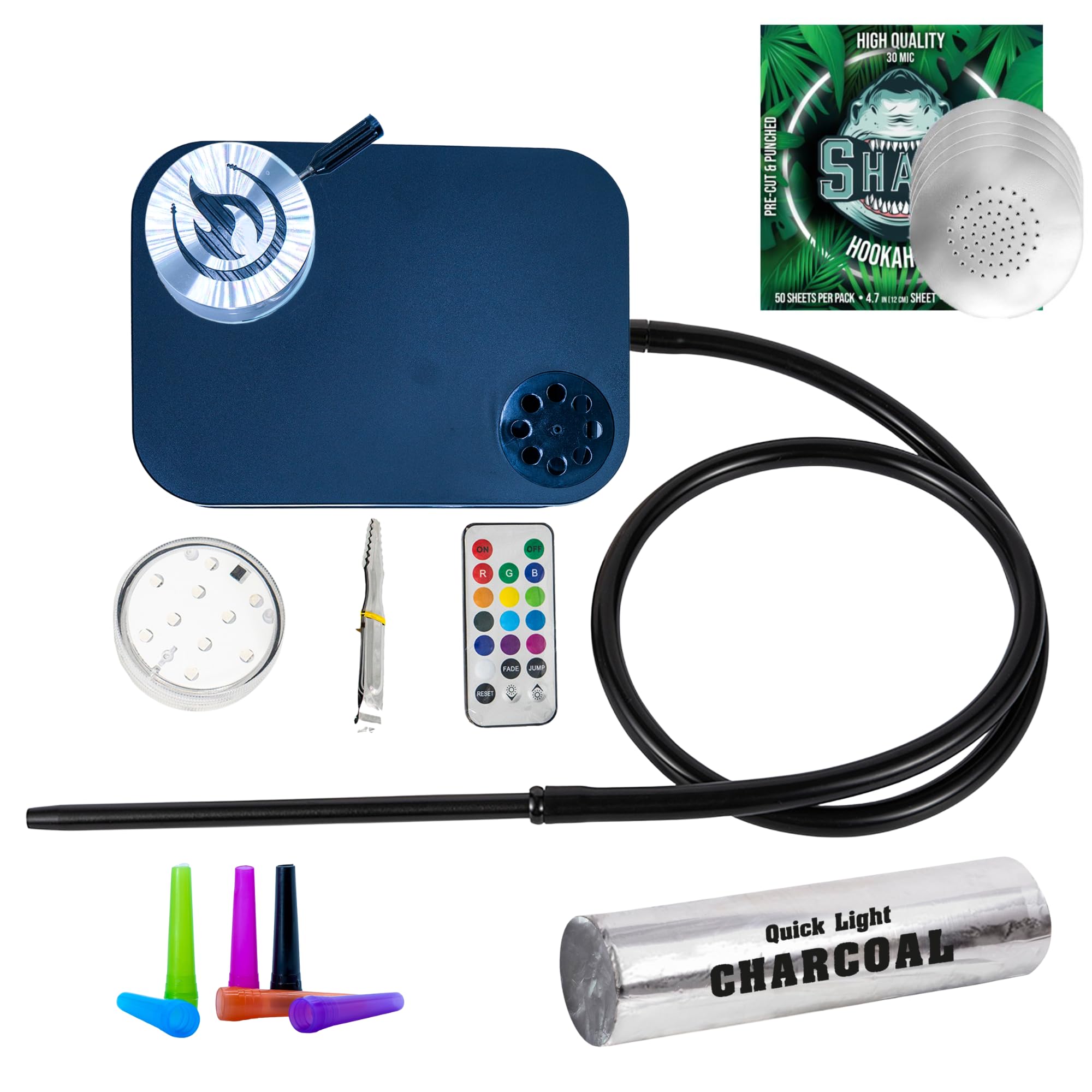 Photo 1 of Agni Fun Travel Hookah Set, BLACK – Portable Modern Hookah Kit with Hose, Heat Manager, Bowl, Tongs, Foil Shark Pre-Cut Aluminum Sheets, Carbopol Quick Light Charcoal & Disposable Tips | Compact Travel Shisha