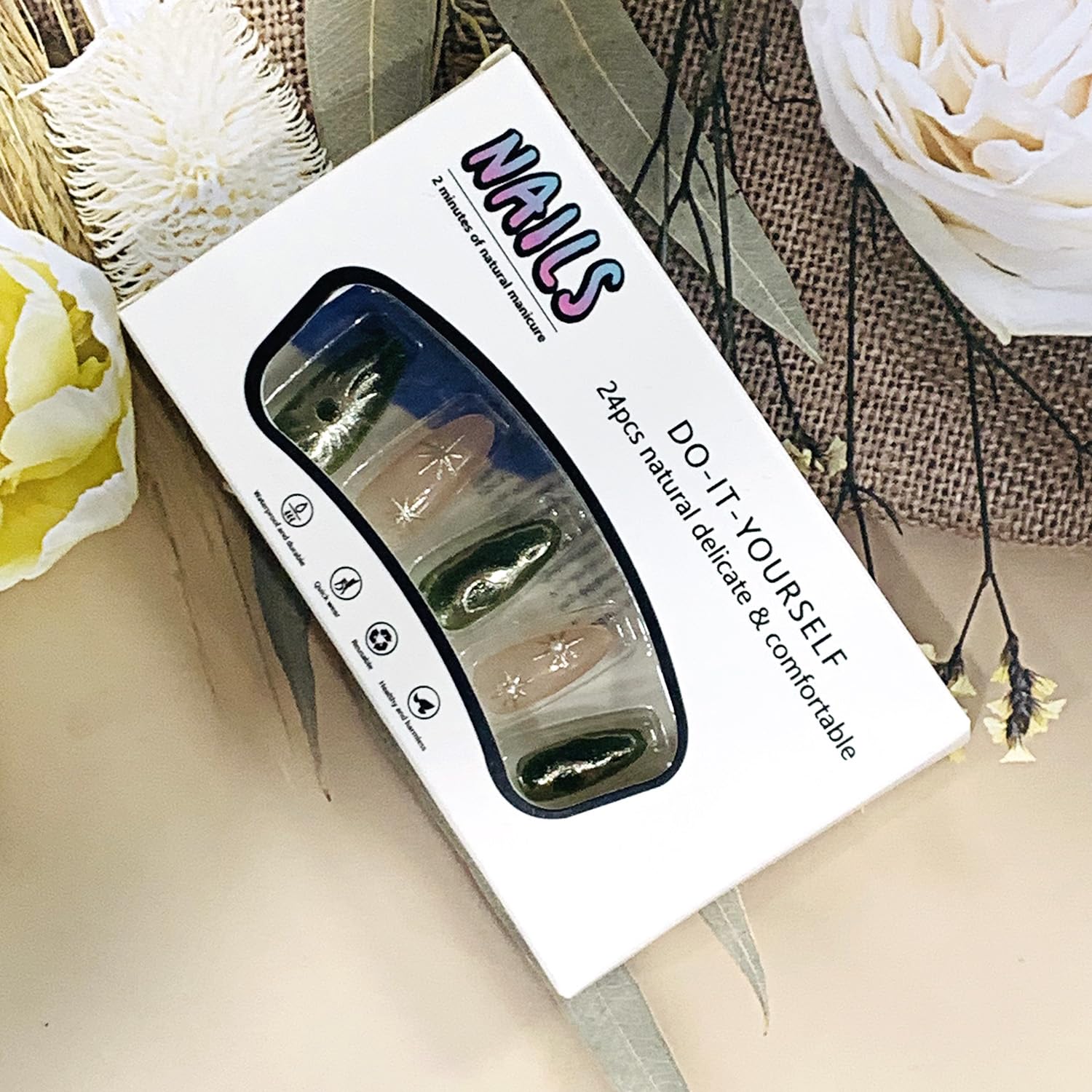 Press on Nails Almond Medium Length Glossy Full Cover Acrylic French Almond False Nails with Designs Artificial Almond Shaped Fake Nails with Charms Glue Stick ons Fingernails for Women Girls(BZ1460) - Image 6