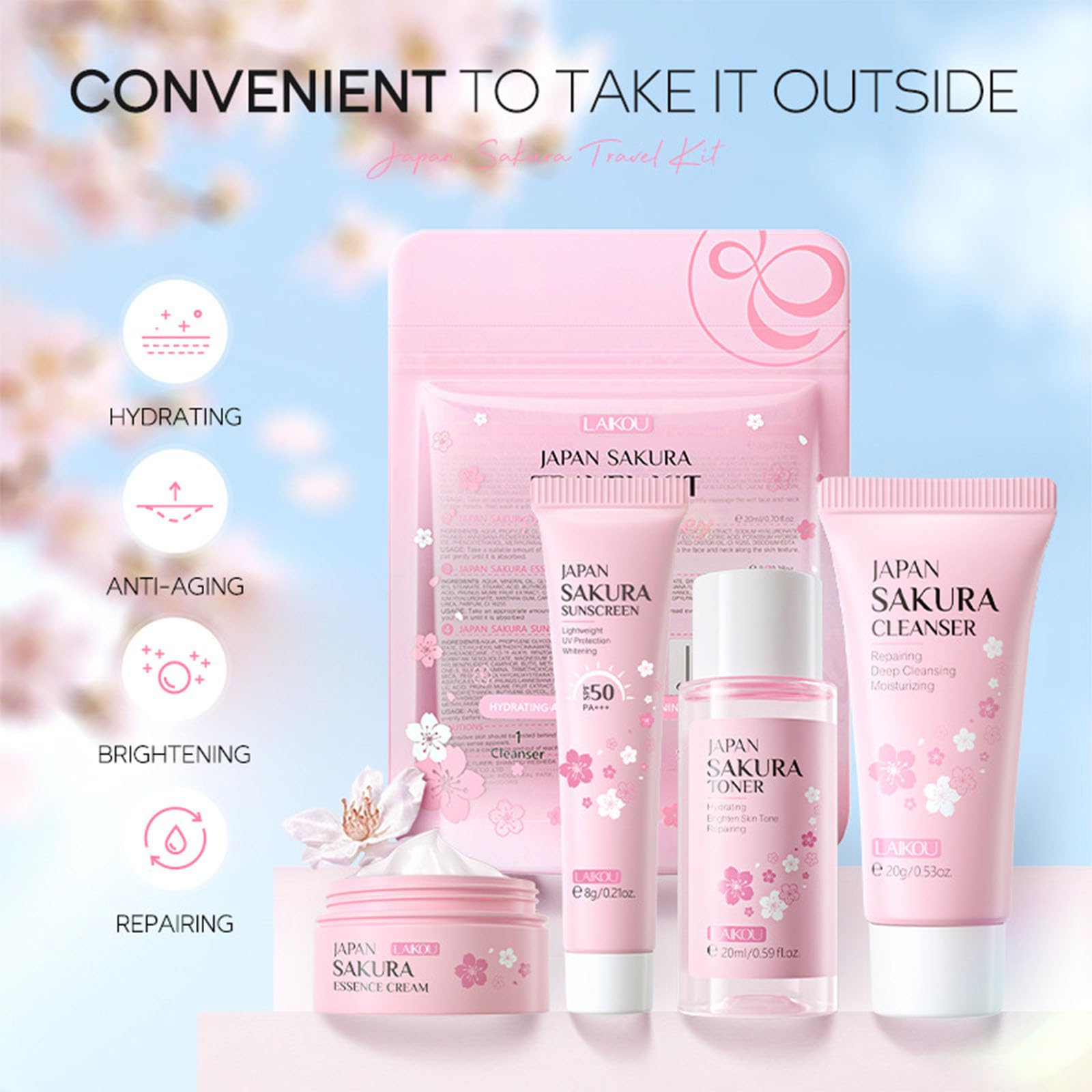 Sakura Travel Skincare Set for Teenage Girls - Face Routine Set for Women,4 Piece Gentle Skin Cleaning & Care Travel Size Kit With Cleanser, Toner, sunscreen and Face Cream