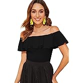 WDIRARA Women's Stretchy Off Shoulder Flounce Sleeve Sexy Slim Blouse Tops Shirt