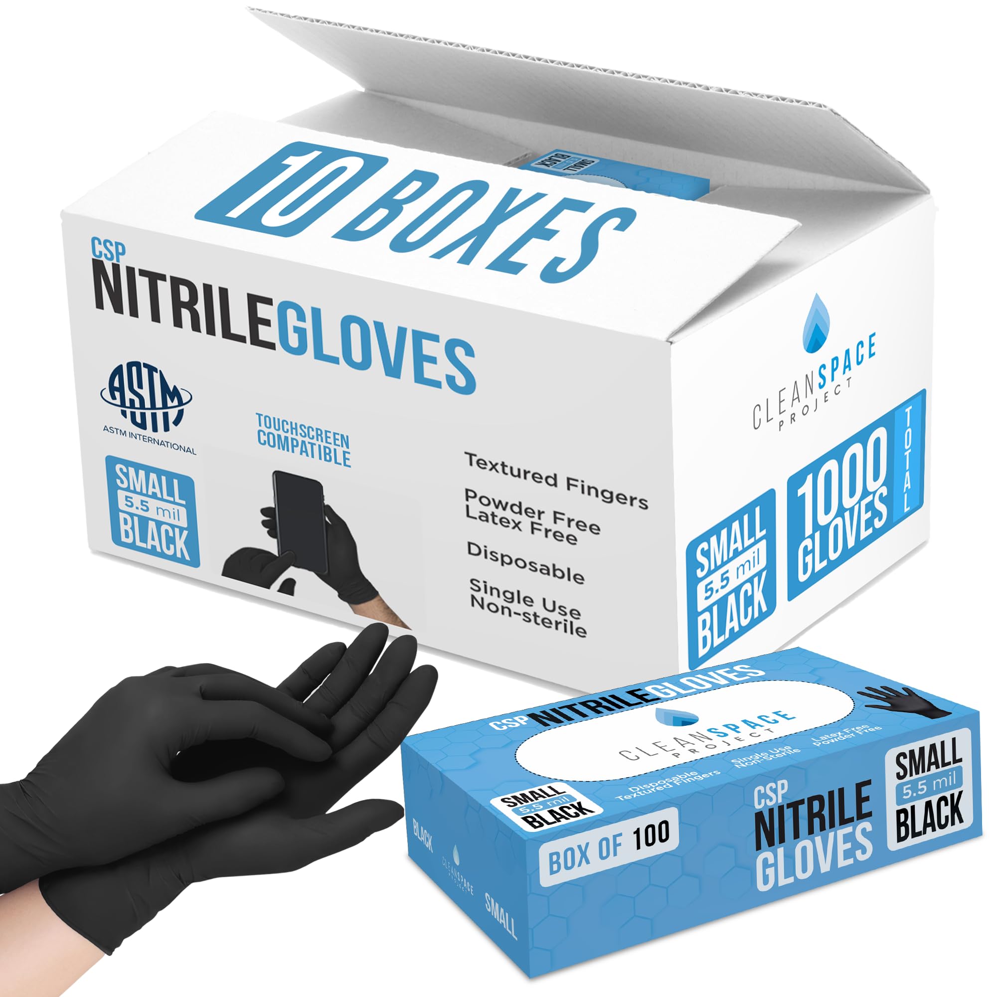 CLEAN SPACE PROJECT Nitrile Gloves - Disposable, Non-Latex and Powder Free, Food Safe Cooking Gloves - Black Gloves for Cleaning, Tattooing, Painting, Detailing & Repair (XL, Case of 1000) Image