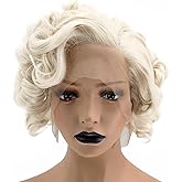 ANOGOL Hair Cap+ 13 * 1 Middle Part Light Blonde Lace Front Wig Synthetic Hair Short Curly 613 Blonde Bob Wigs Glueless Natural Hairline For Women