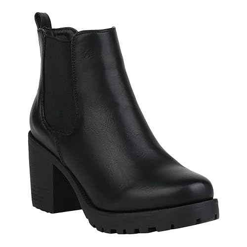 Stiefelparadies Damen Stiefeletten Chelsea Boots mit Blockabsatz Profilsohle Flandell