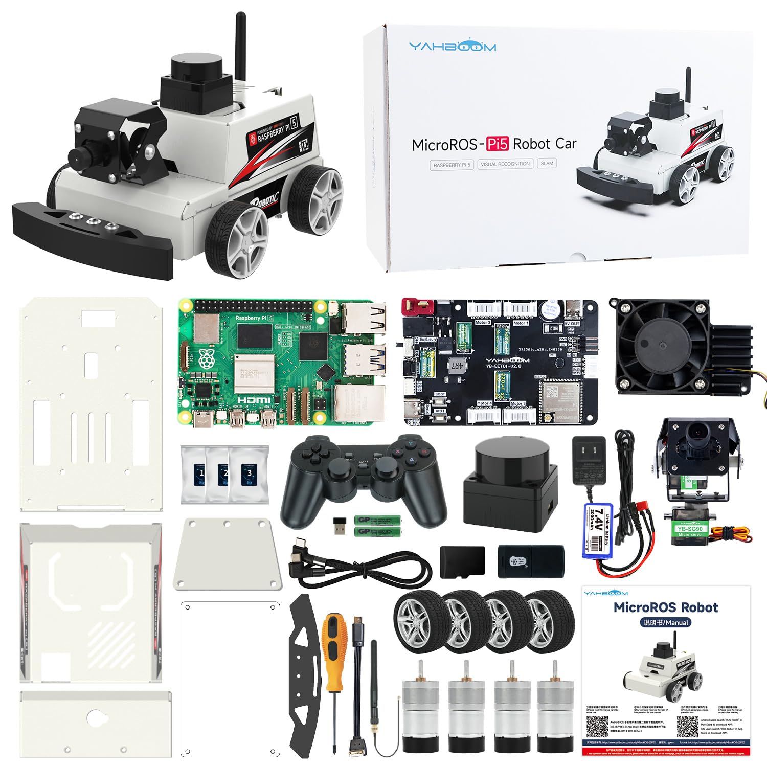 Yahboom Raspberry Pi 5 AI Visual ROS2 Smart Robot Car Kit 2DOF Carmer ...