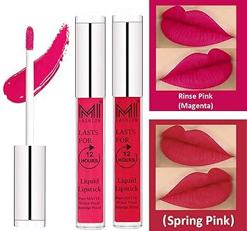 MI Fashion 2 Pcs Matte Liquid Lip Gloss Lipstick Waterproof, Long Lasting Set of 2 - Magenta Lip Gloss,Spring Pink Liquid Lipstick
