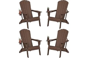 Plawdlik Folding Adirondack Chair Set of 4, Cup Holder，Wooden Textured ，Heavy All-Weather HDPE Comfortable Set Poolside Backyard Lawn Coffee