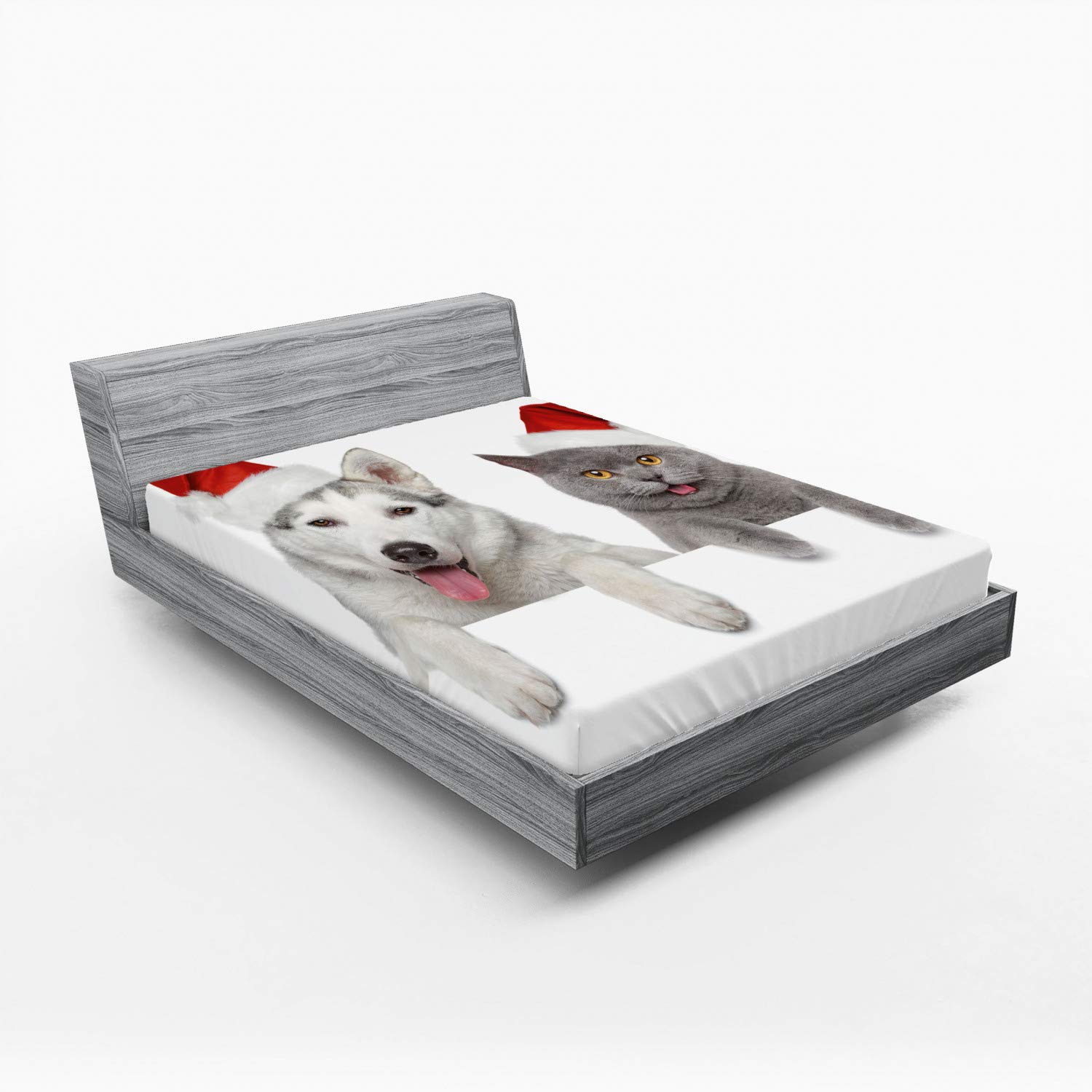 Ambesonne Christmas Fitted Sheet, Dog and Cat in
