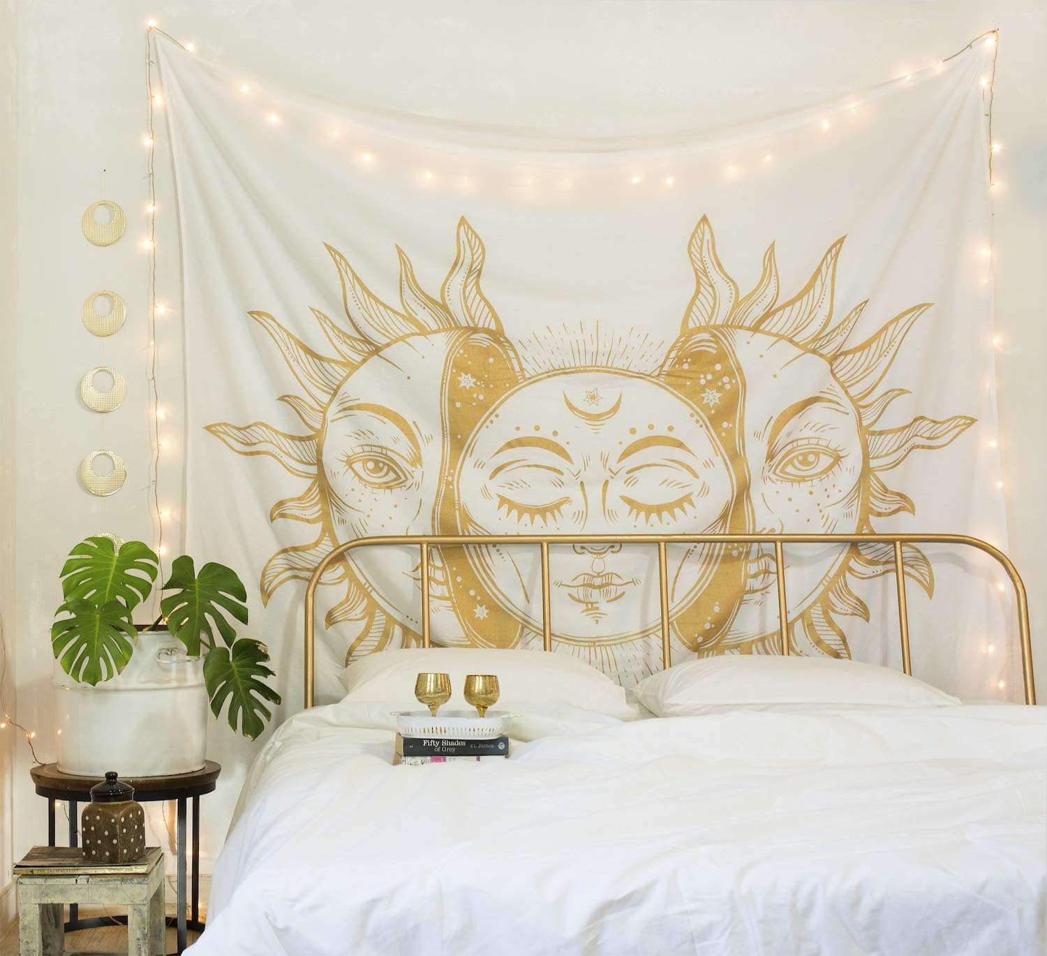 Tapestries - Madhu International Psychedelic Tapestry Indian Sun Moon Fractal Faces Tapestry Celestial Mystic Tapestries Wall Hanging Living Room Tapestry (White Gold, Queen(84x90Inches)(215x230Cms))