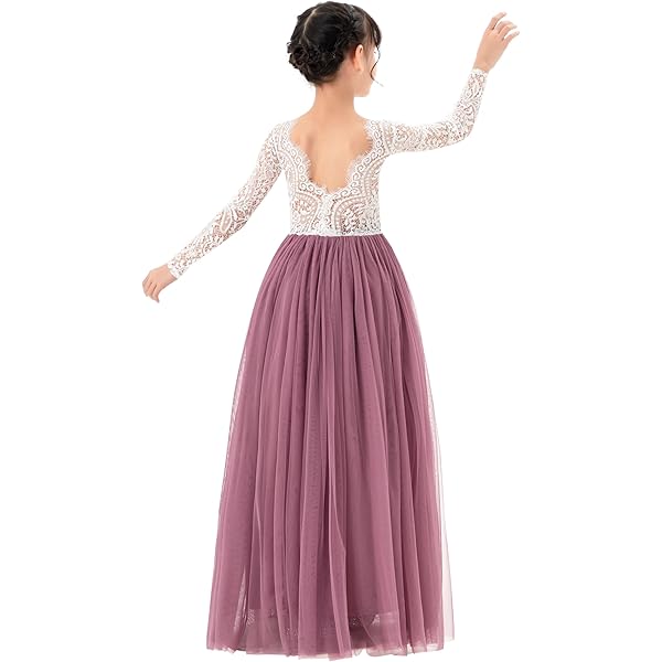 Amazon.com: Long Sleeve Scalloped Edge Lace Flower Girl Dress Formal  Evening Gown Lace1 M: Clothing, Shoes & Jewelry