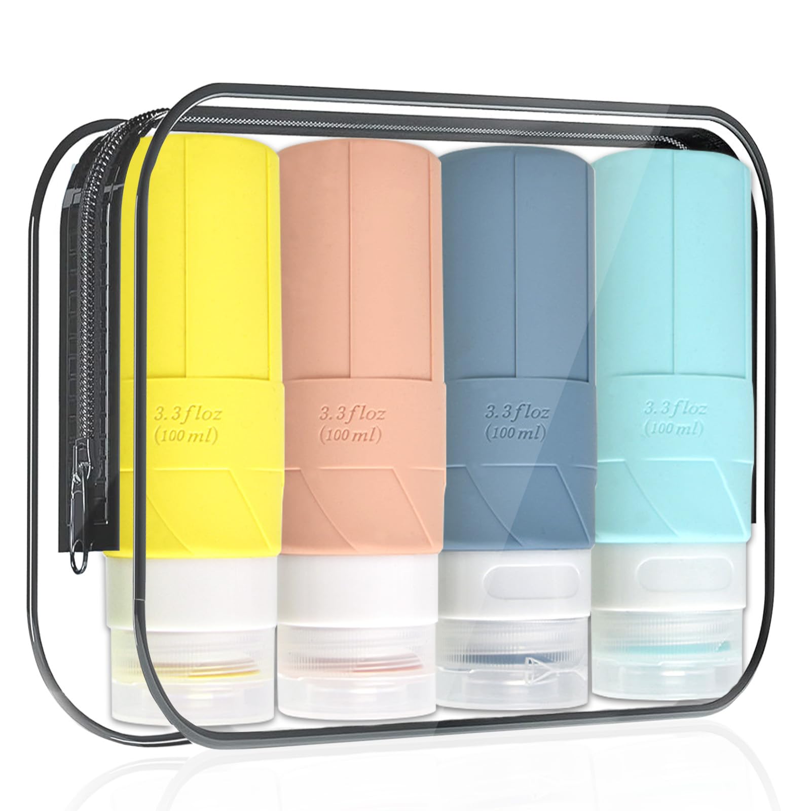 ZUOQIANG 4 Pack Travel Bottles, CAA Approved 100ml Silicone Travel Bottles,with Clear Zipper Toiletry Bag and Lables，Portable LeakProof Refillable Squeezable Containers for Lotion Liquid Shampoo