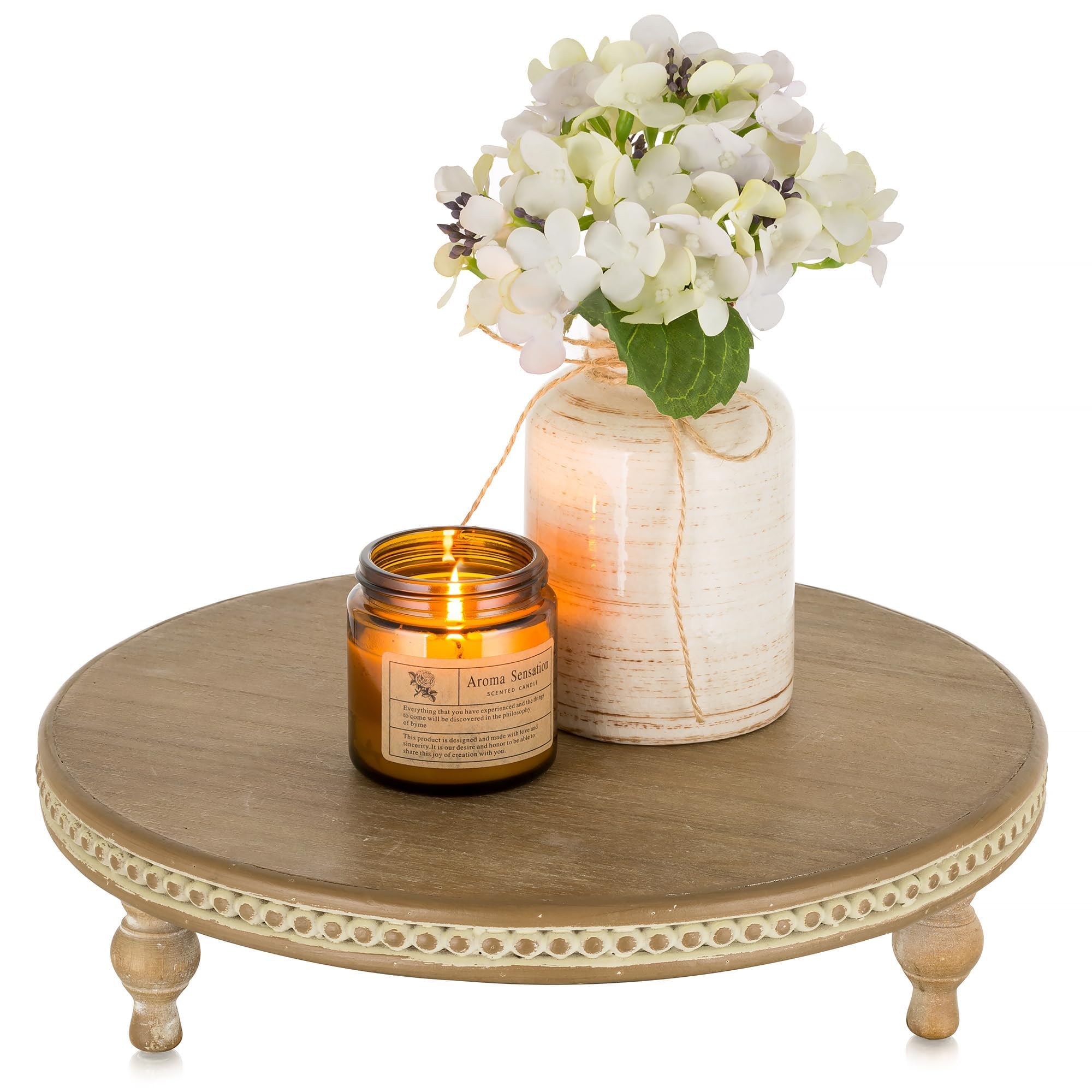 Hanobe Round Wood Display Risers: Beaded Decorative Trays for Coffee Table Wooden Riser Farmhouse Pedestal Stand for Home Decor Candle Plant Cake Decorations Kitchen Bathroom,Brown