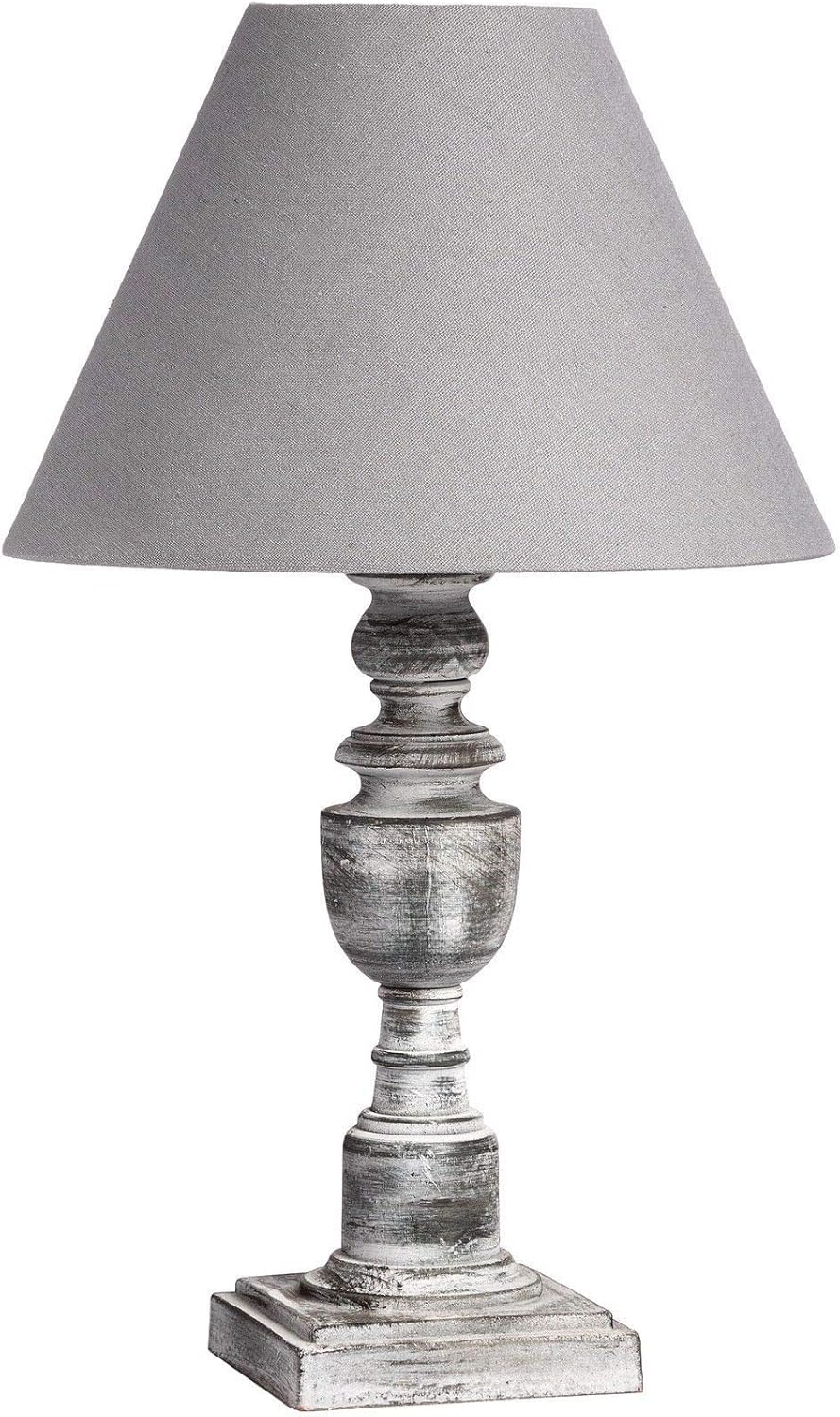 Wooden Distressed Grey Table Bedside Lamp and Gray Linen Fabric Shade