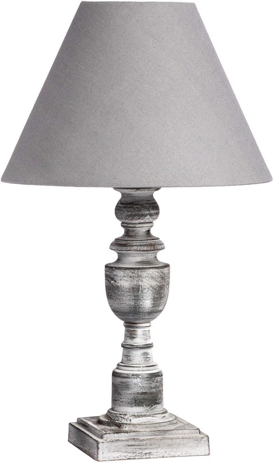 Wooden Distressed Grey Table Bedside Lamp and Gray Linen Fabric Shade 46 cm 40W E14