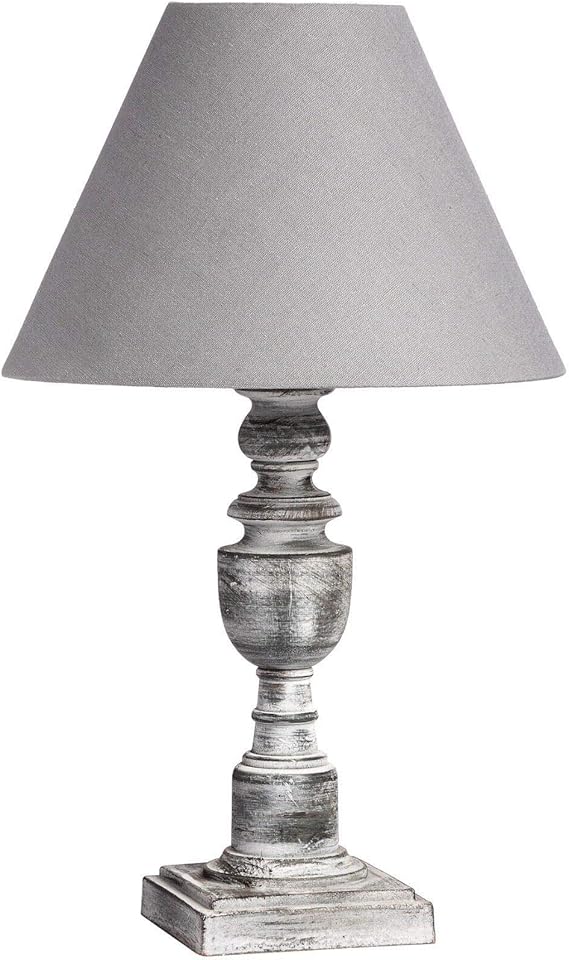Wooden Distressed Grey Table Bedside Lamp and Gray Linen Fabric Shade