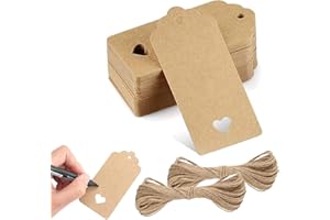 100 Pcs Brown Kraft Paper Gift Tags, 4.5 x 9 cm Blank Heart Gift Tags with 2 Roll Jute String for Wedding Favours Valentine's