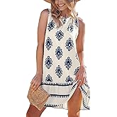CUPSHE Women Ruffle Boho Mini Summer Dress Round Neck Back Tie Backless Sleeveless A Line Casual Beach Spring Dresses