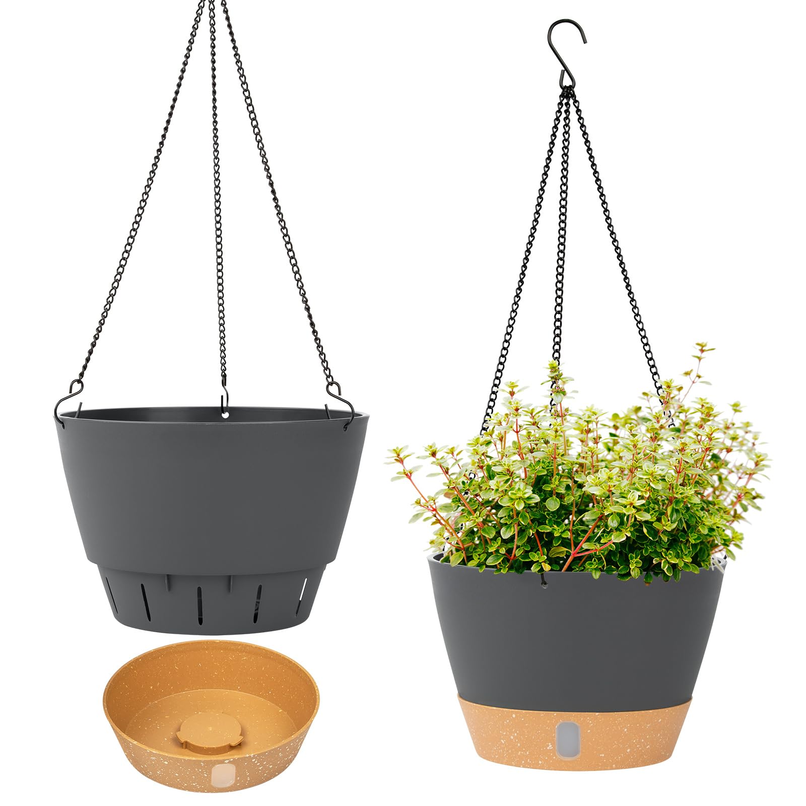 QCQHDU 2 Pack Hanging Planters Set, 20cm Indoor Outdoor Hanging Plant Pot Basket,Hanging Flower Pot with Drainage Hole with 3 Hooks for Garden Home(Grey)