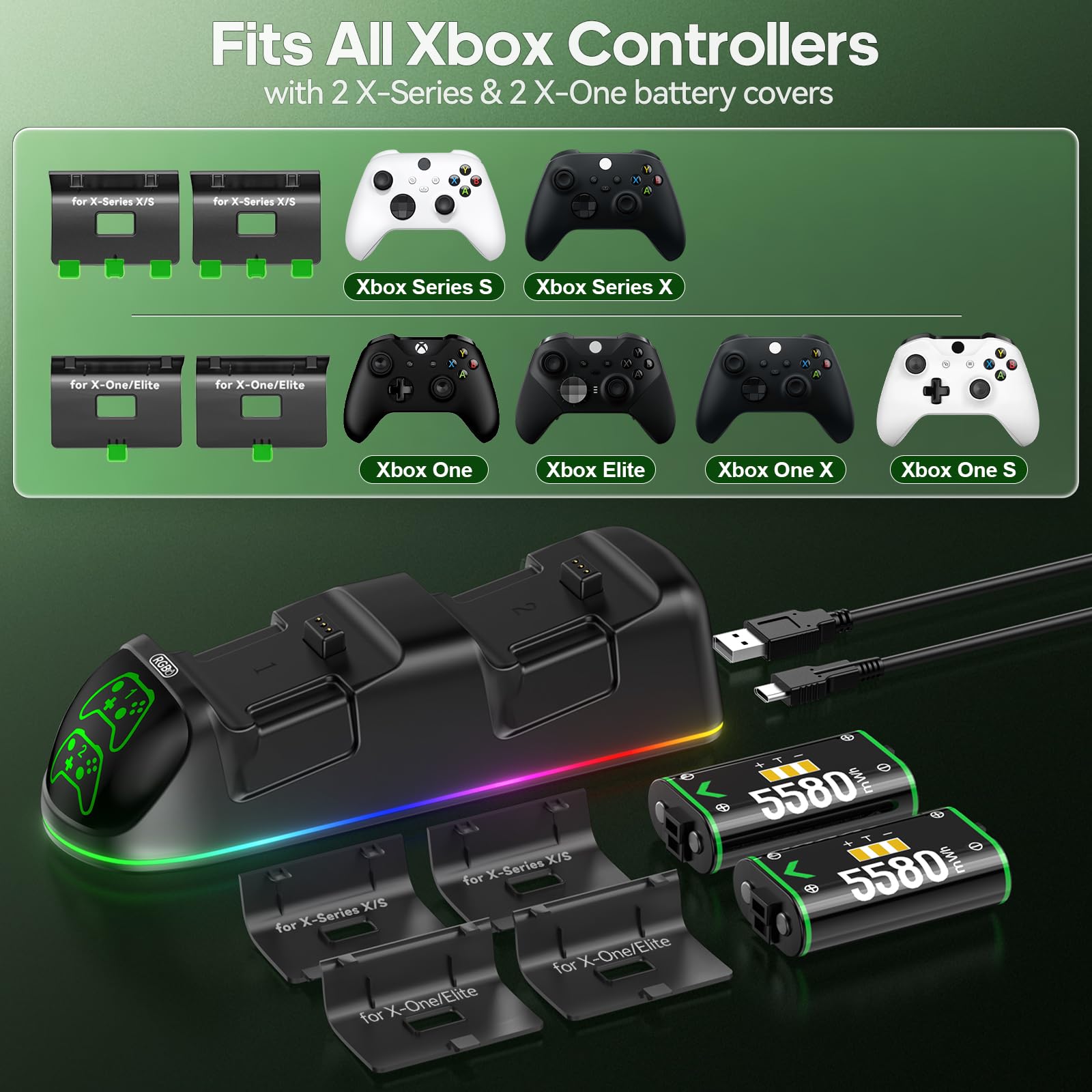 OIVO XSX Controller Charger Station with 2 Packs 5580mWh Rechargeable Battery for Xbox Series X/S/One/Elite/Core Controller, Charging Dock for Xbox with 4 Packs Covers