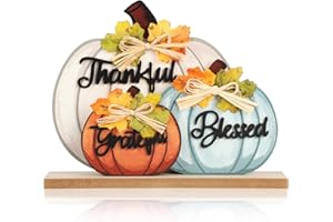 SOPHENA 3 Pcs Fall Pumpkin Decor Wooden Table Sign Thankful Blessed Grateful Tabletop for Autumn Farmhouse Vintage Thanksgiving Harvest Party Rustic Home Room Table Shelf Halloween Decorations