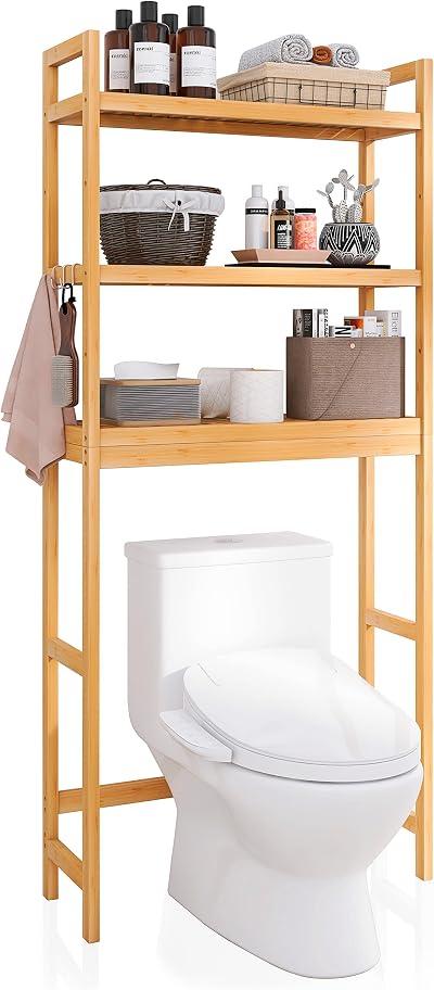 SMIBUY Bamboo Over-The-Toilet Storage Shelf 3-Tier Adjustable Natural