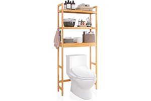SMIBUY Bathroom Storage Shelf, Bamboo Over-The-Toilet Organizer Rack, Freestanding Toilet Space Saver with 3-Tier Adjustable 