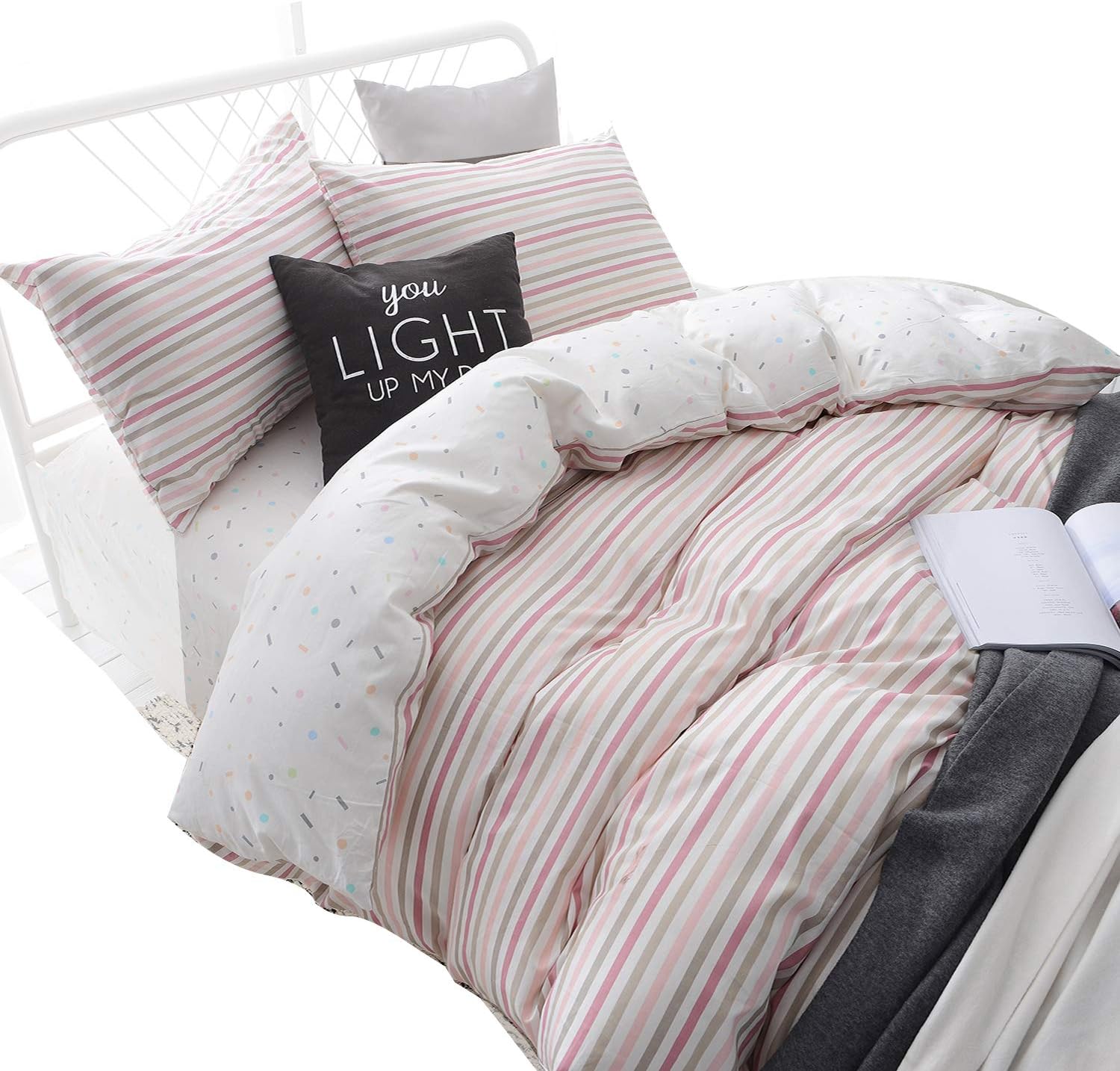 Colorful Stripes 100% Natural Pink Cotton Duvet Cover Set Reversible Dots Cute Kids Bedding Set with 4 Corner Ties Girls Premium 1000 TC Hypoallergenic Comforter Cover (Colorful Stripes, Queen)