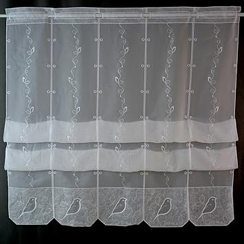 Cliprollo Scheibengardine Vogel weiß bestickt Höhe 145cm | Breite der Gardine frei wählbar in 21cm Schritten | Gardine | Pann