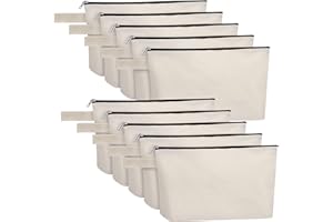 Sinzip 10 Pieces Cotton Canvas Makeup Bag with Bottom, Multi-Purpose Cosmetic Bag with Zipper Travel Toiletry Pouch, Blank DIY Craft Bag Pencil Bag (M, White), MN-WB07