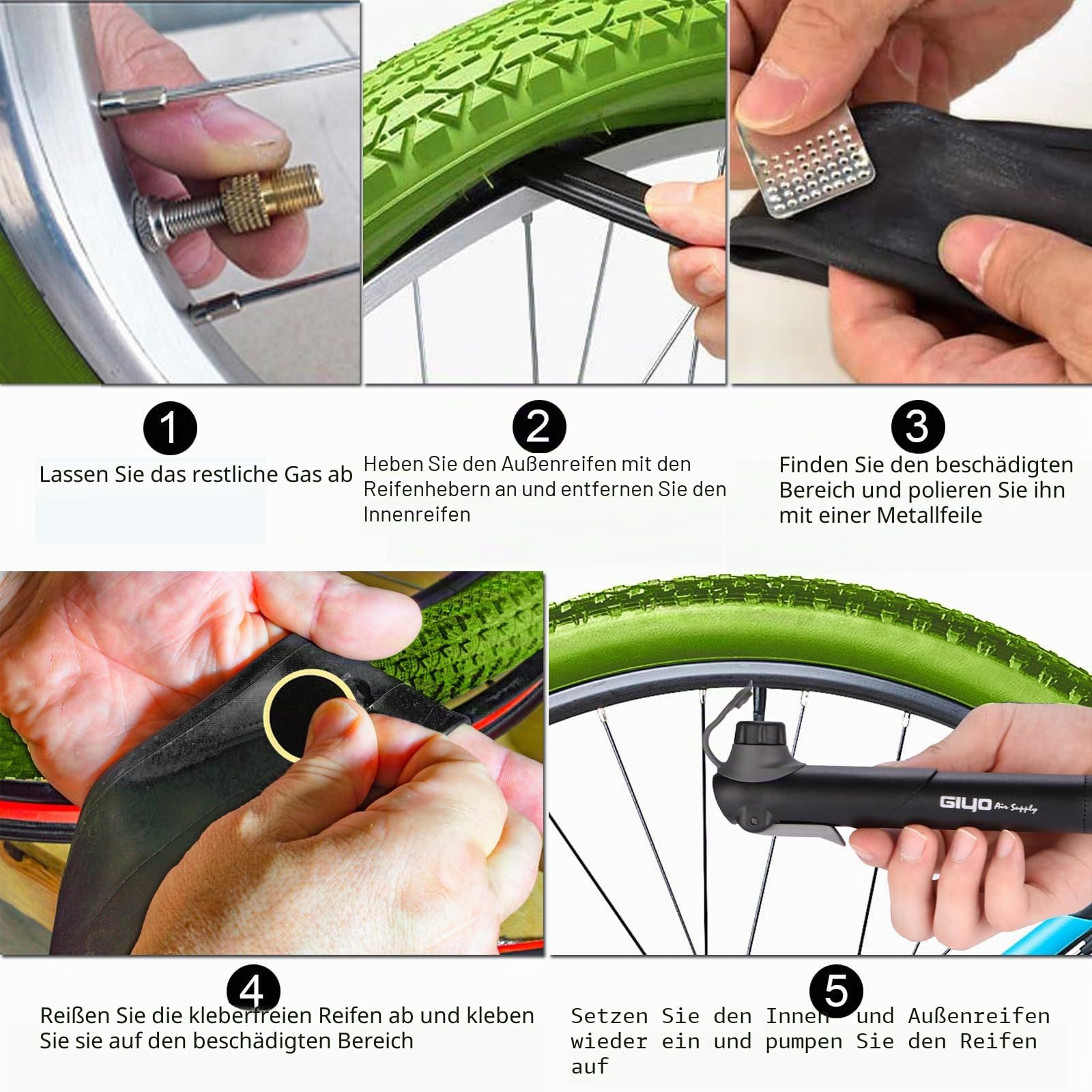 Fahrrad Satteltasche Reparatur Set und Werkzeuge - Unterwegs Fahhradtasche und Notfallwerkzeug Flickzeug mit 16-in-1 Fahrrad Multitools, Fahrradpumpe, Reifenheber, Leimfreie Reifen,Fahrradventil 6