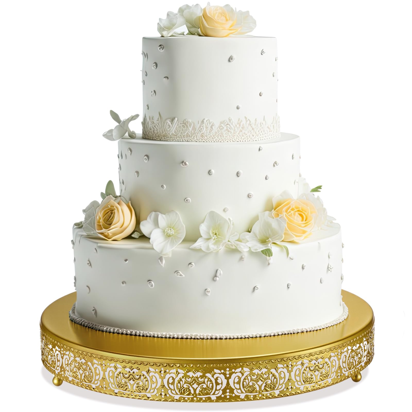 Photo 1 of Wenqik Gold Cake Stand 14 Inch Round Metal Cupcake Dessert Wedding Cake Stand Cookies Display Holder with Modern Design Fruit Serving Tray for Table Wedding Birthday Anniversary Party