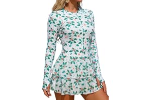 SEAUE Women's Long Sleeve Floral Swim Dress Rash Guard One Piece Skirted Bathing Suit UPF 50+ with Thumb Holes
