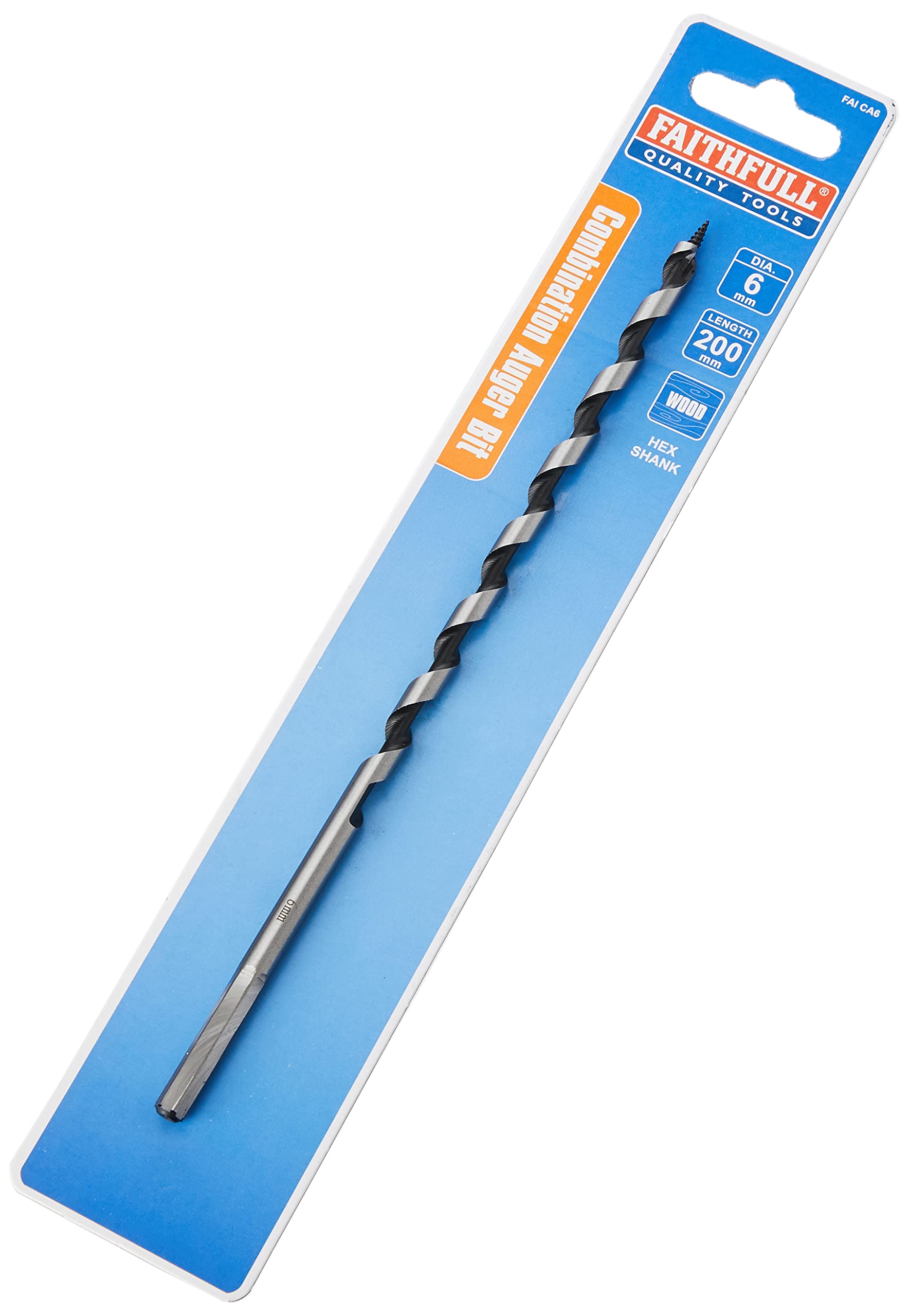 Faithfull Combination Wood Auger Bit 6mm x 200mm, Carbon Steel, Pitched Screw Point