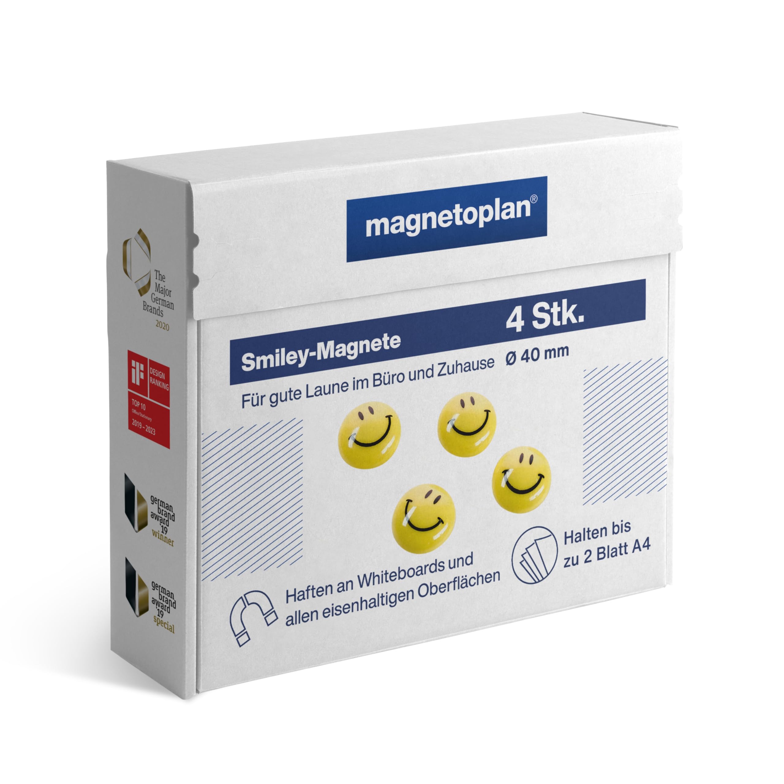 magnetoplan Smiley Magnete, gelb/schwarz | Ø 40 mm | 4 Stück | Haftkraft: 7 Blatt A4 | Fröhliche Magnete zur Bürodekoration | Magnethalter für Magnettafel, Whiteboard oder Kühlschrankmagnete