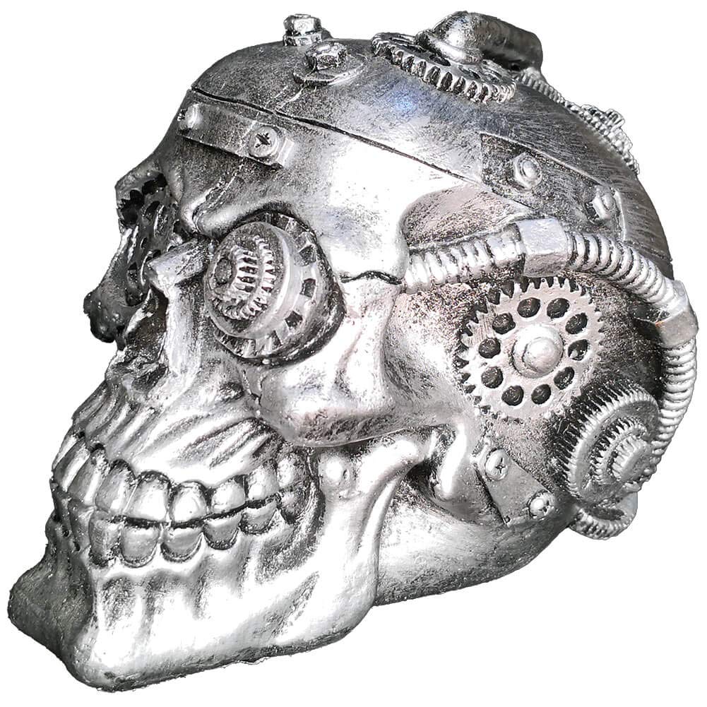 BLASCOOL Halloween Steampunk Gothic Skull Decor - Sci-fi Human Head Skeleton Cranium Figurine Cyborg Protruding Gearwork Statue (Silver)