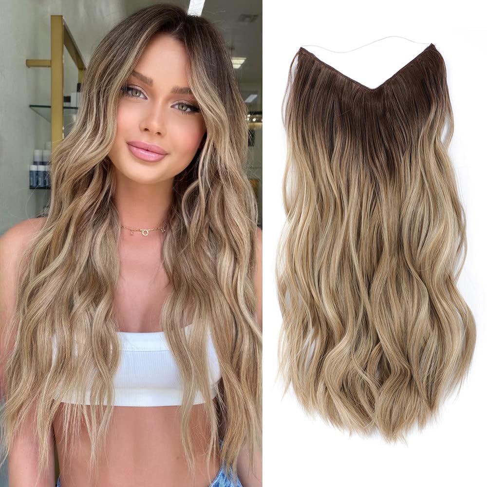 Ms TAj Halo Hair Extensions clip in hair extensions Natural Blonde with Dark Root 20 inch with Adjustable Size Removable Clips Invisible Secret Synthetic Hairpiece for Women — image 1