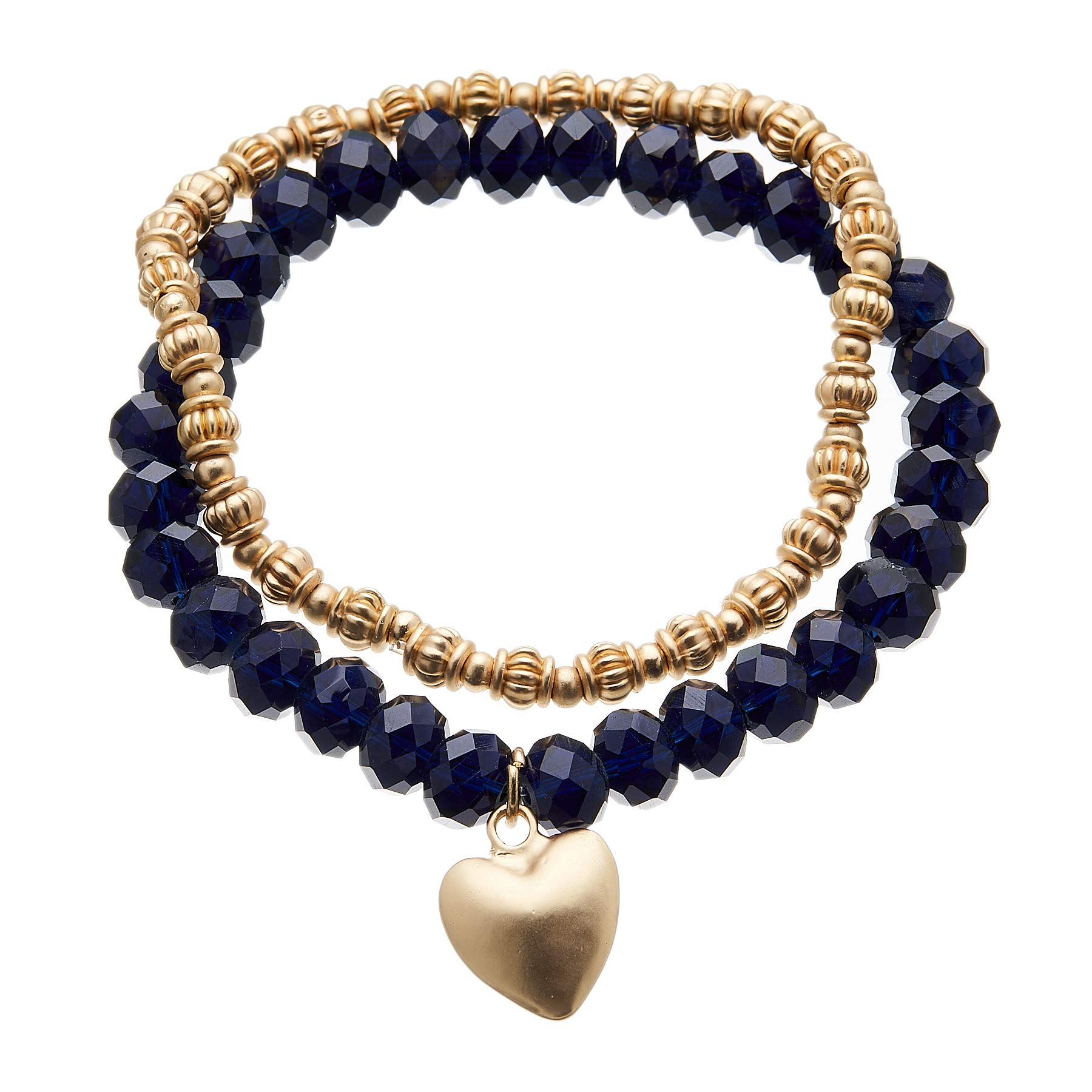 Bello London Set of two Stretch Bracelets with matt gold plated and navy beads and a heart charm - Yori B20-28