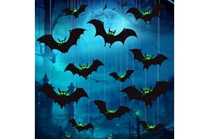 SEWRUNG 12 Pcs Hanging Bats Halloween Decorations Outdoor - Large Flying Plastic Bats Outside Decor - 3 Different Sizes - Glow in Dark Eyes for Hanging in The Tree, Porch, Yard, Lawn, Indoor