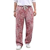 BEAUDRM Men's Floral Pants Vintage Boho Pant Hippie Drawstring Waist Vacation Straight Leg Trousers with Pockets Streetwear