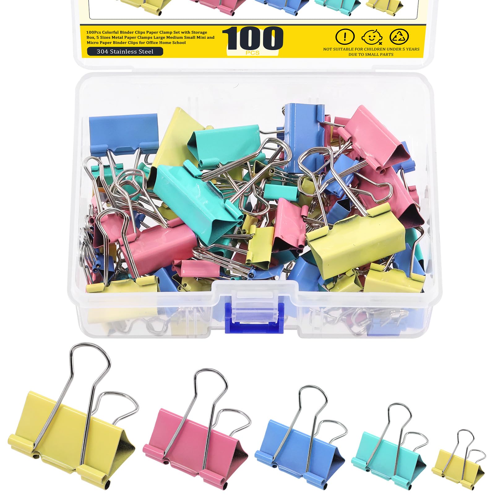 Mardatt 100Pcs Colorful Binder Clips Set, Assorted Sizes Paperclips Binder Paper Clips Large Medium Small Colored Paper Clamps Binder Clips for Home School Office Supplies
