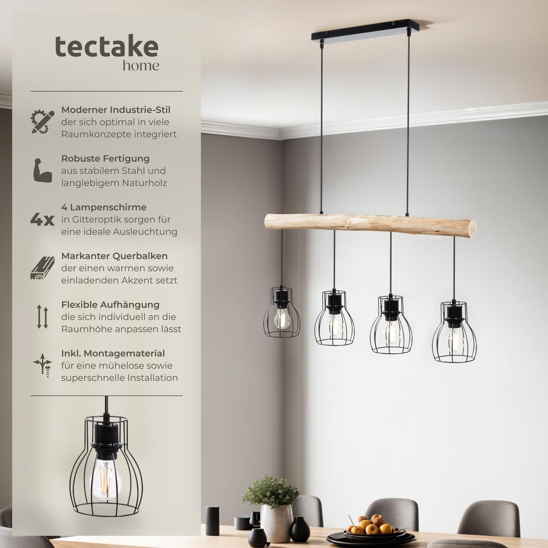 tectake® Pendelleuchte, Lampe hängend 4-flammig, Deckenlampe schwarz mit Holzbalken, Industrial Style Wohnzimmer, Esszimmer Lampe, Wohnzimmerlampe, Flurlampe, Hängelampe Esstisch 2