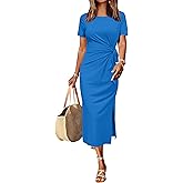 Newshows Women 2025 Summer Casual Dress Tie Waist T Shirt Short Sleeve Beach Crew Neck Slit Maxi Trendy