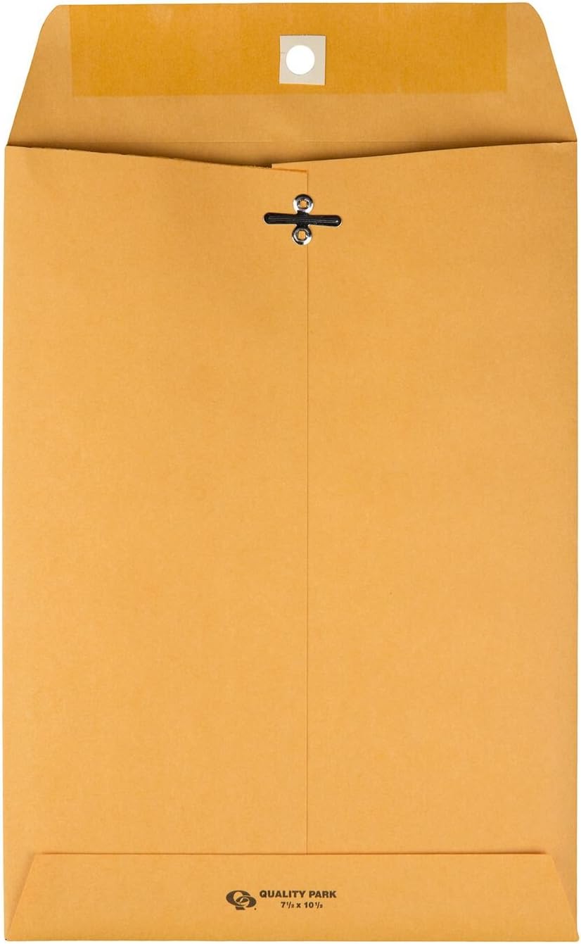 Quality Park Gummed Kraft Clasp Envelopes, 7.5 x 10.5, Box of 100 (37875) : Office Products
