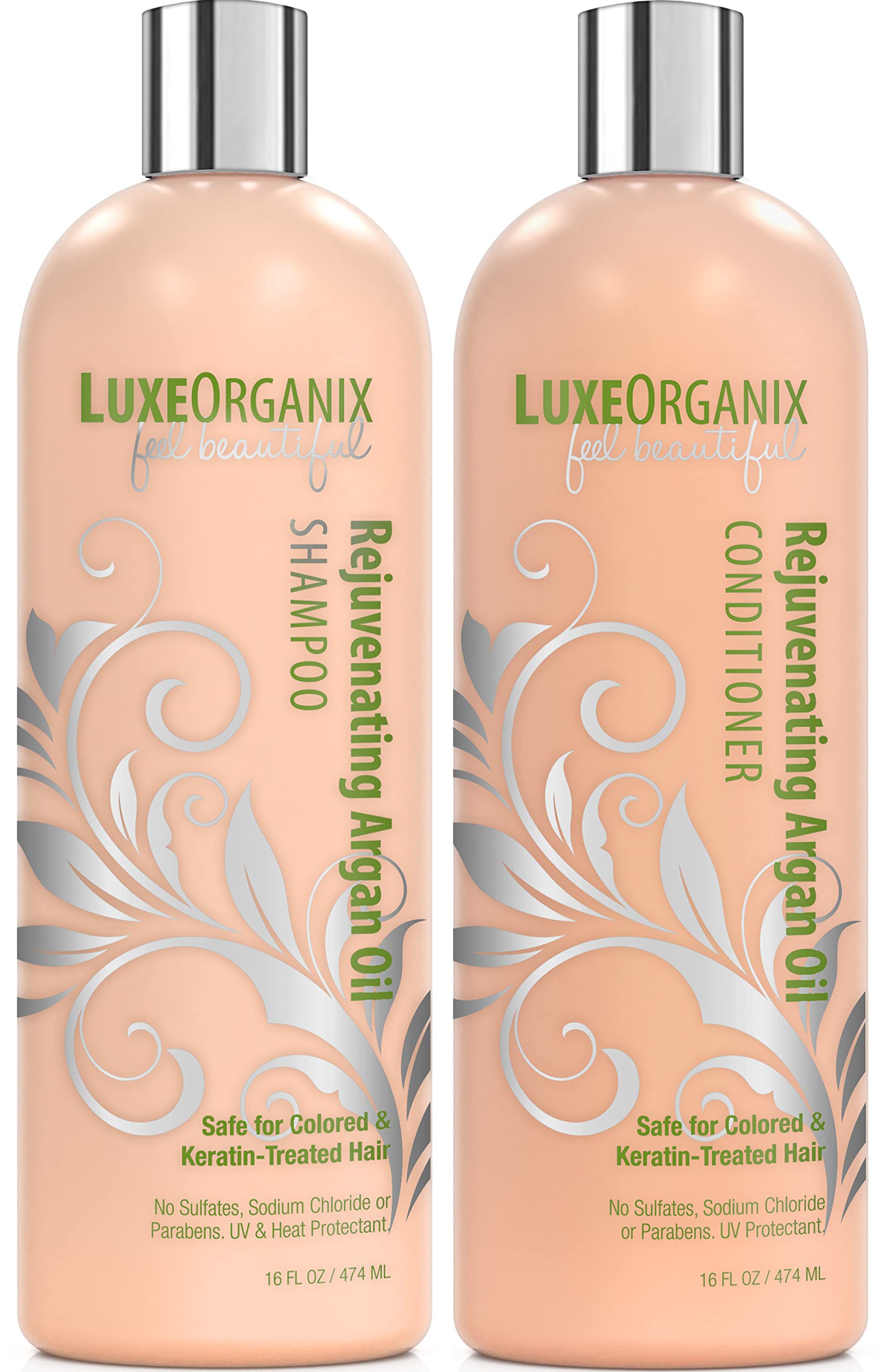 LuxeOrganix Moroccan Argan Oil Shampoo and Conditioner Set - Sulfate & Paraben Free - Smooths, Moisturizes - Safe For Keratin & Color Treated Hair - Best for Dry, Damaged, & Curly Hair (16oz Set)