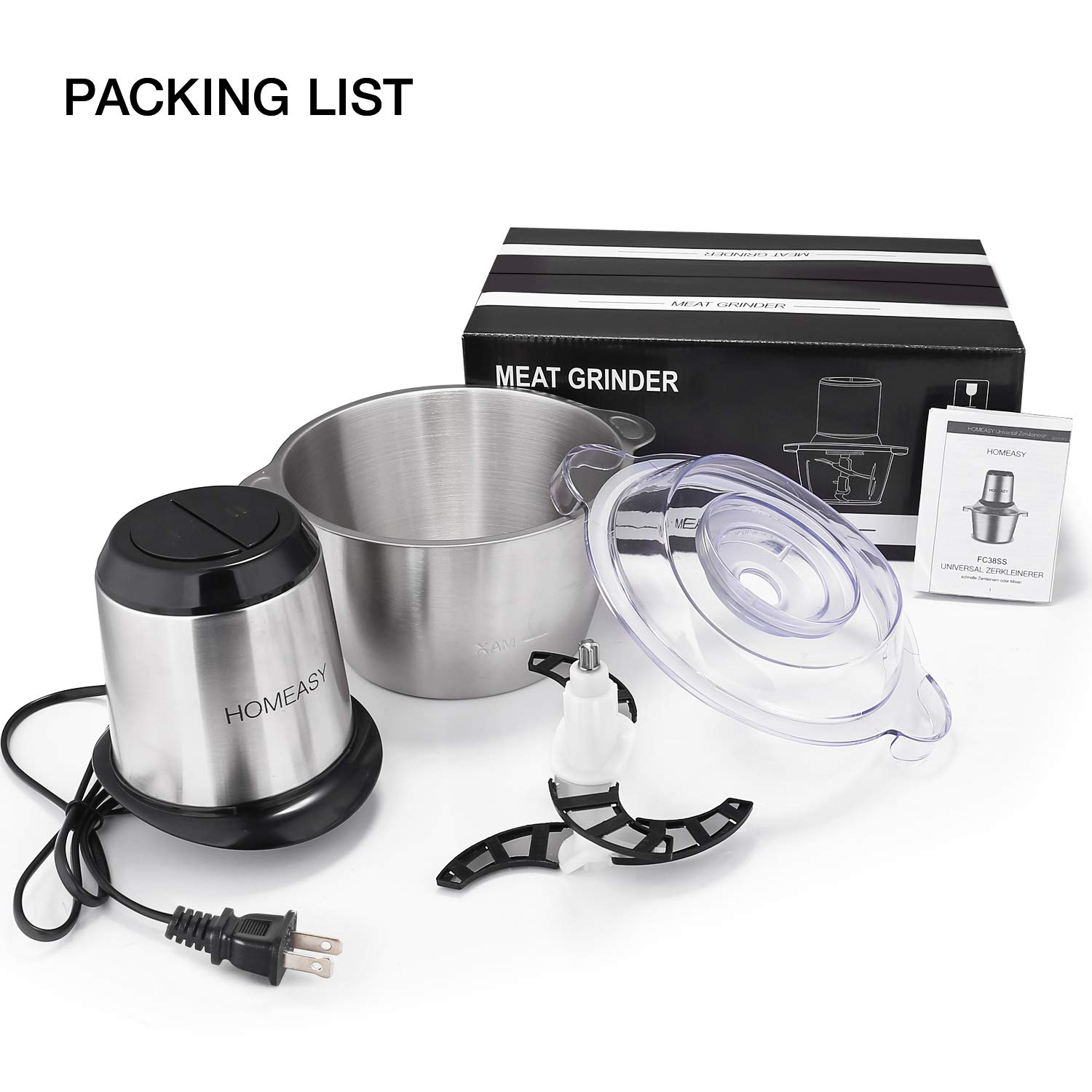 Meat Grinder Electric, Food Processor 2L Stainless Steel Meat Blender Food Chopper for Meat, Vegetables, Fruits and Nuts with 4 Sharp Blades, 350W, 8 Cups