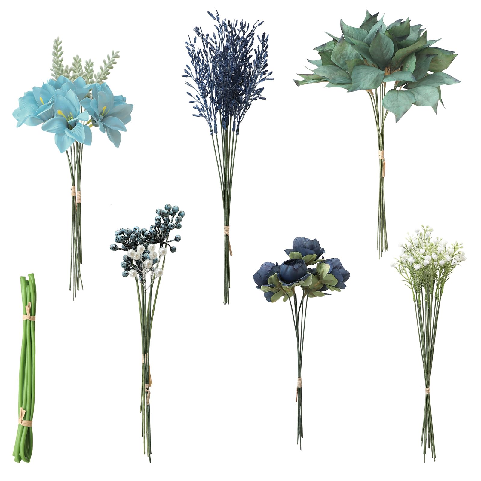 Floroom Artificial Greenery Stems Box Set, 59pcs with 8 Kinds of Faux Greenery Flowers Picks for DIY Bridal Bouquets Wedding Floral Arrangement Table Centerpieces, Navy & Dusty Blue