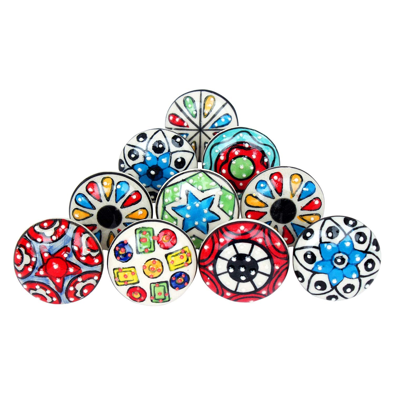 Ajuny Multicolour Ceramic Cupboard Knobs Set of 10, Hand-Painted Drawer & Cabinet Handles, 38 mm (1.5") Diameter, 65 mm Bolt, Fixings Included for Kitchen Cabinets, Wardrobes & Dressers