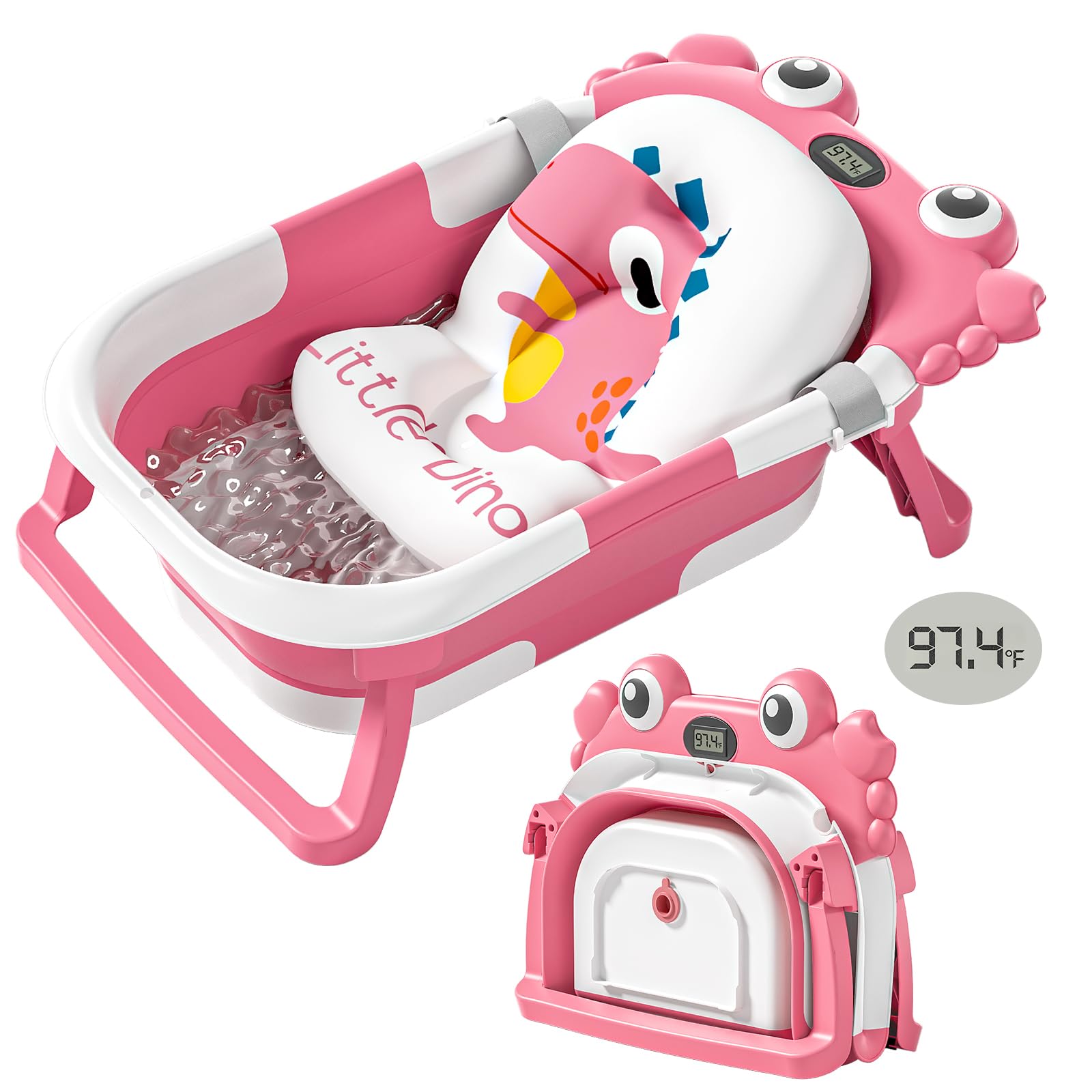 Photo 1 of Collapsible Baby Bathtub for Newborns with Thermometer and Soft Floating Cushion Portable and Foldable Travel Baby Girl Bath Tub for Infants to Toddler 0-36 Month (Pink)