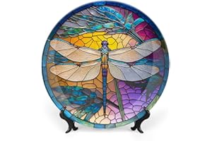 Gokays Decorative Plates for Wall Hanging, Stained Glass Window Design w/Dragonfly Ceramic Plate, Wobble-Plate with Display Stand, Home Decor for Kitchen Cabinets, Farmhouse Round Tray 7 Inch
