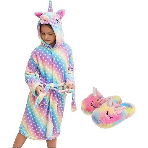 HulovoX Unicorn Hooded Bathrobe with Slippers, Unicorn Gifts for Girls