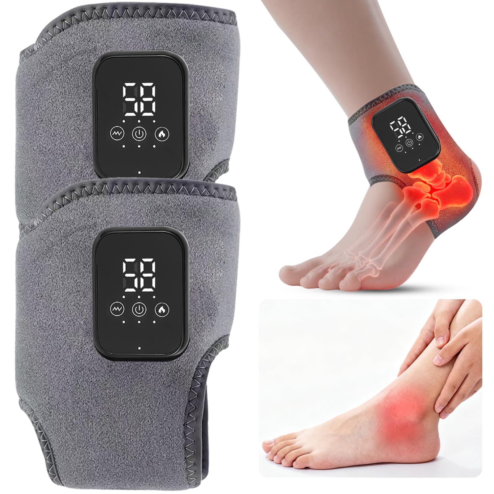 Photo 1 of Foot Renew Ankle Massager with Vibration and Heat - Cordless Rechargeable Ankle Heating Pad for Pain Relief, Plantar Fasciitis & Achilles Tendonitis. Adjustable Wrap for Circulation Boost. (GRAY-2pcs)